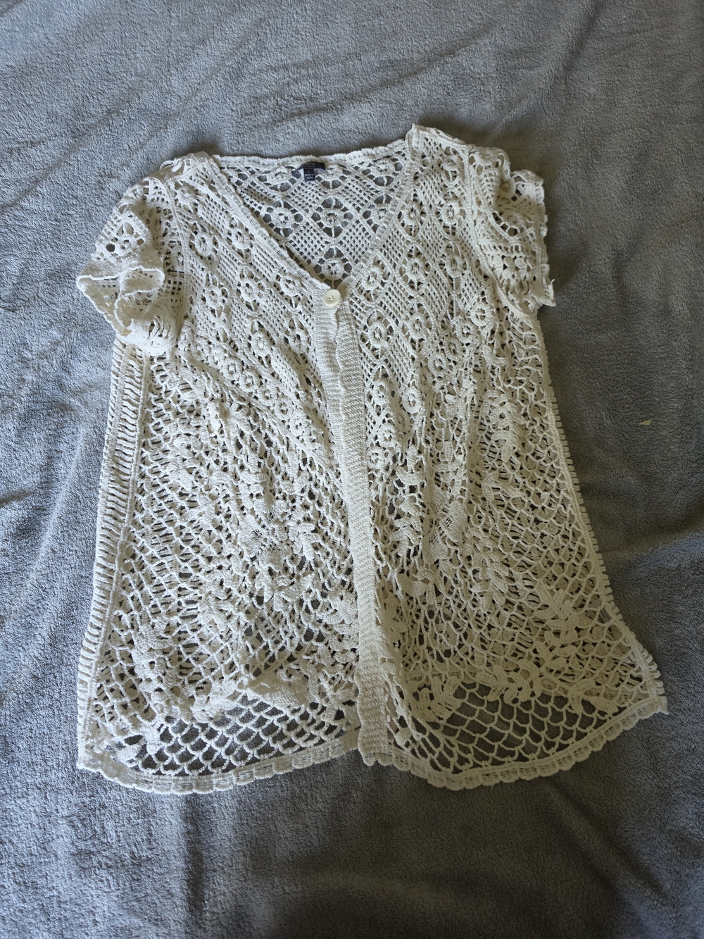 Ninety Cream Crochet Short-Sleeve Button Cardigan